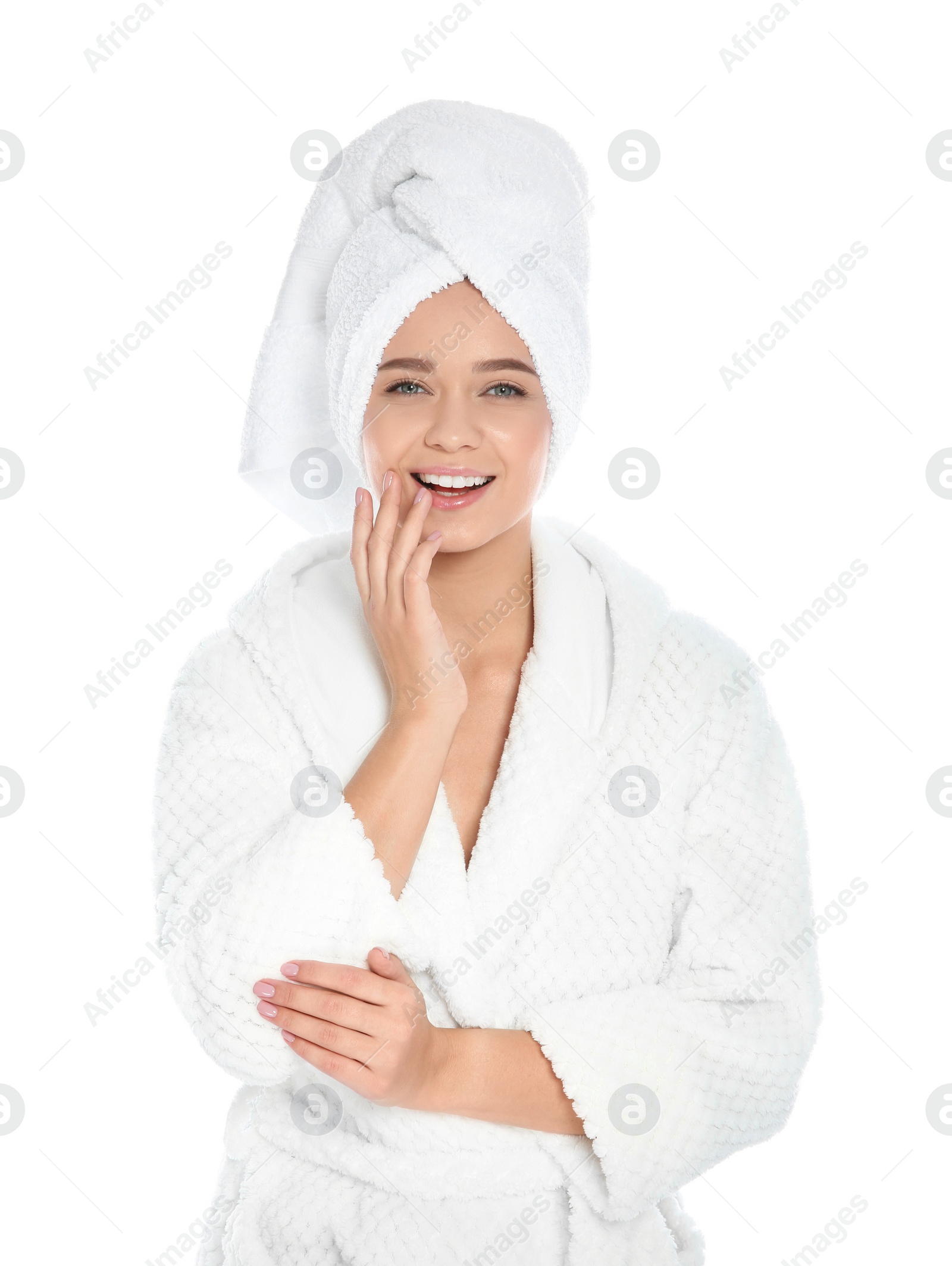 Photo of Portrait of young pretty woman in bathrobe with towel on white background