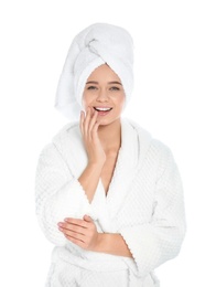 Photo of Portrait of young pretty woman in bathrobe with towel on white background