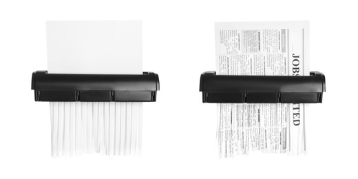 Image of Destroying paper with shredders on white background, collage. Banner design