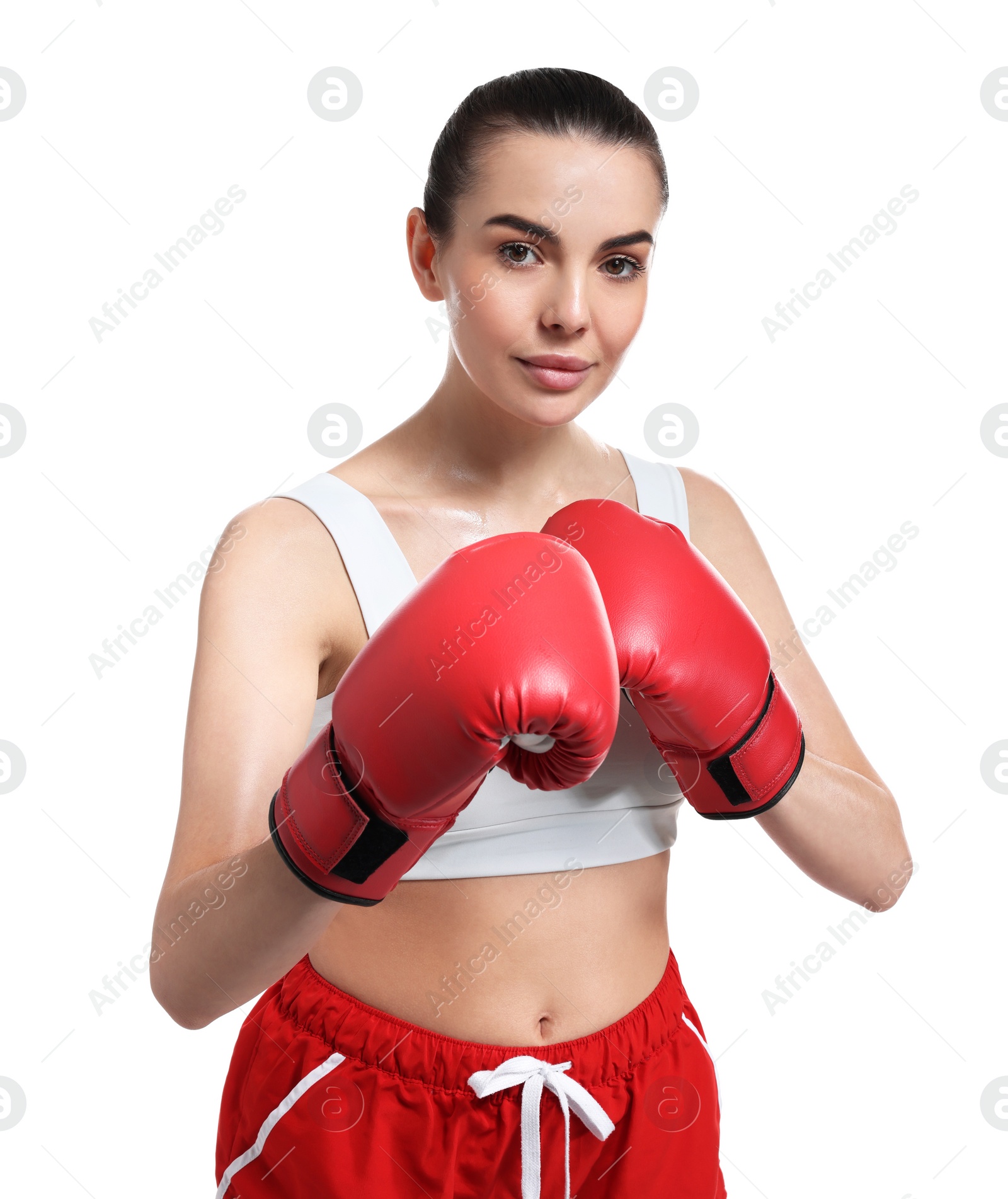 Photo of Beautiful woman in boxing gloves on white background