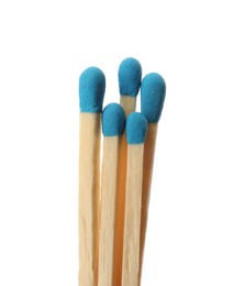 Photo of Matches with light blue heads on white background