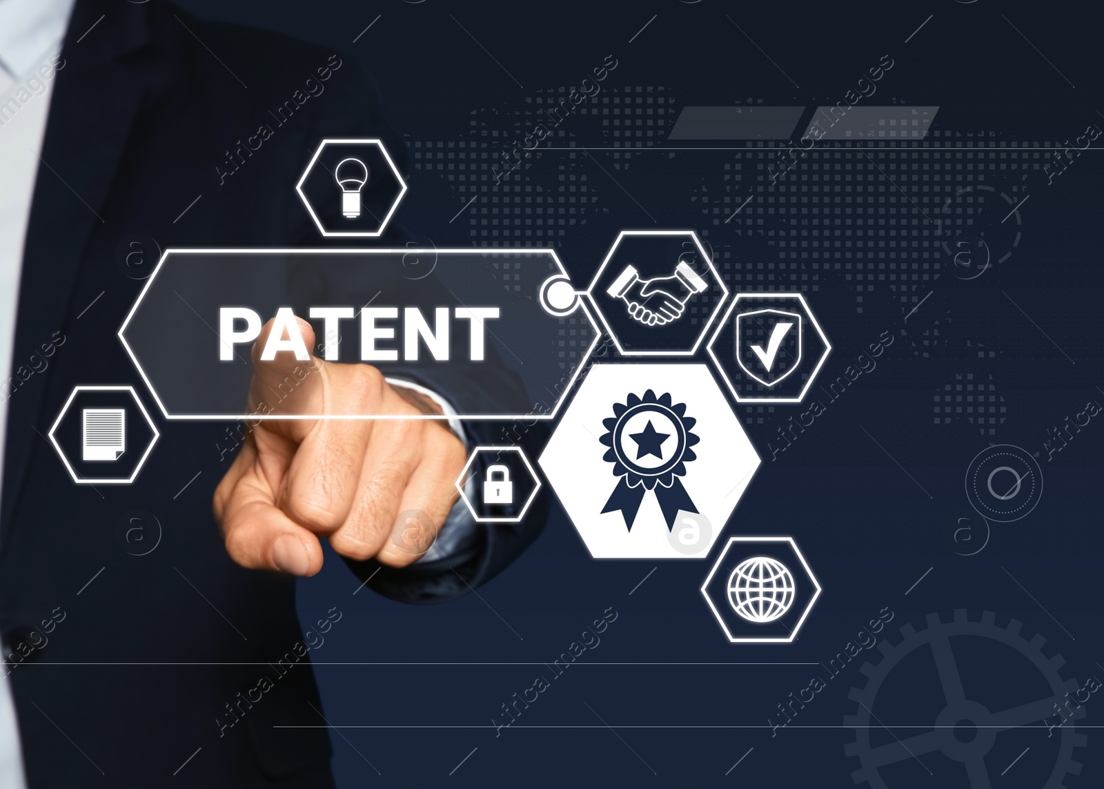 Image of Patent concept. Different virtual icons and man on color background, closeup