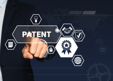 Image of Patent concept. Different virtual icons and man on color background, closeup