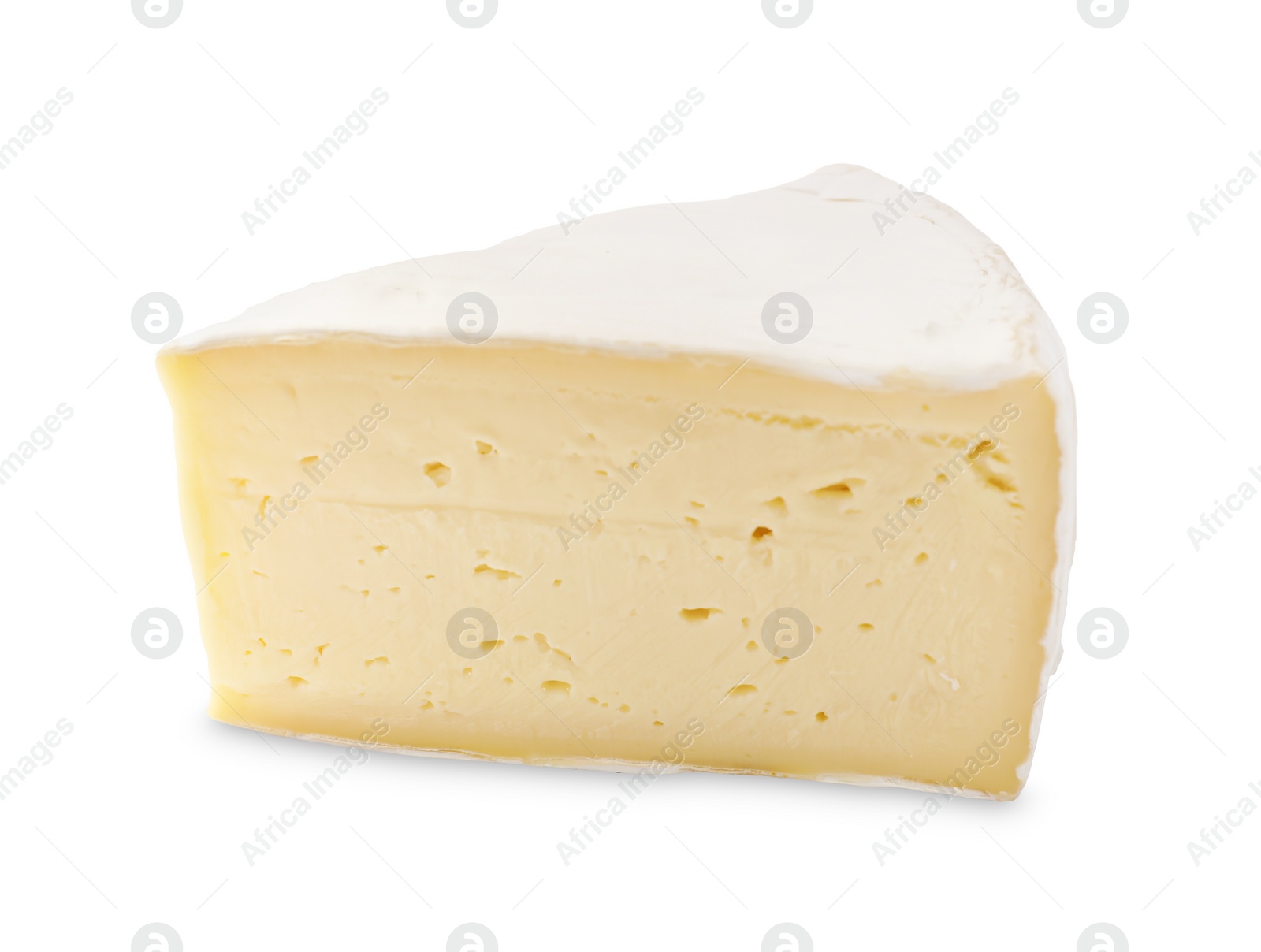 Photo of One piece of tasty camembert cheese isolated on white