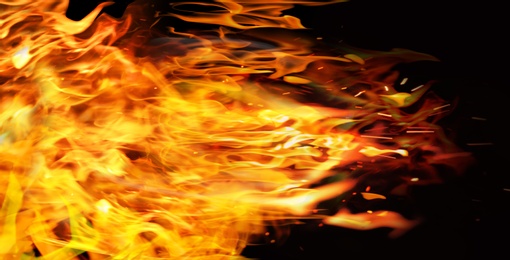 Image of Beautiful bright fire flames on black background. Banner design