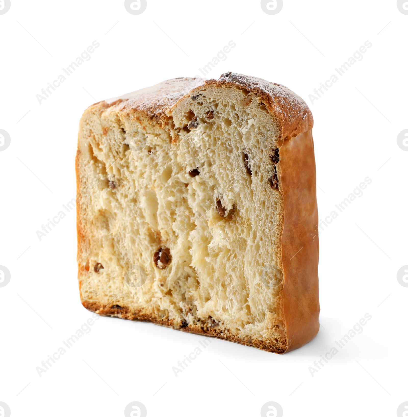 Photo of Half of delicious Panettone cake with powdered sugar on white background. Traditional Italian pastry