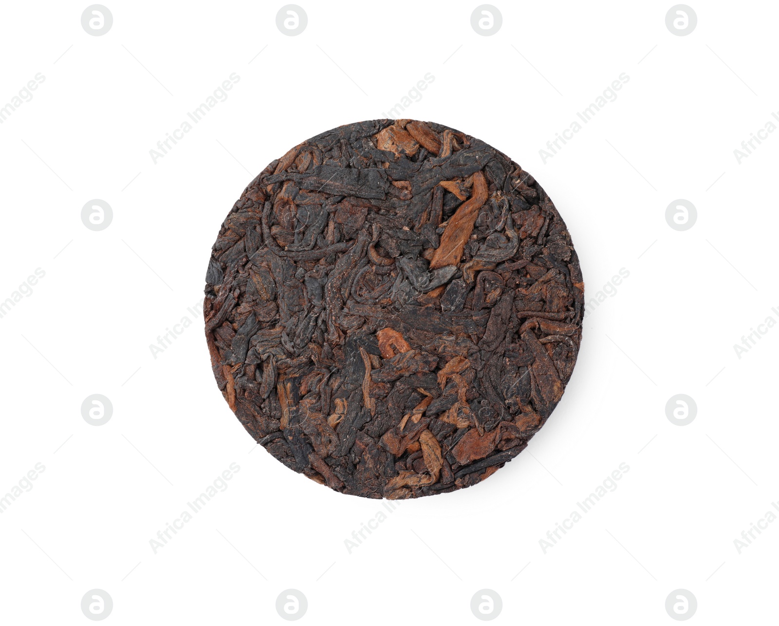 Photo of Disc shaped traditional Chinese pu-erh tea isolated on white, top view