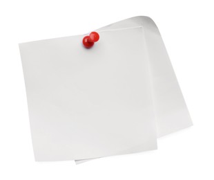 Blank notes pinned on white background, top view