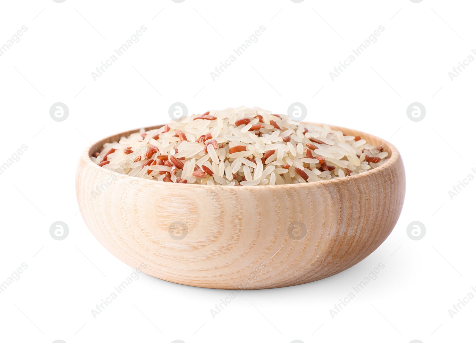 Photo of Mix of brown and polished rice in wooden bowl isolated on white