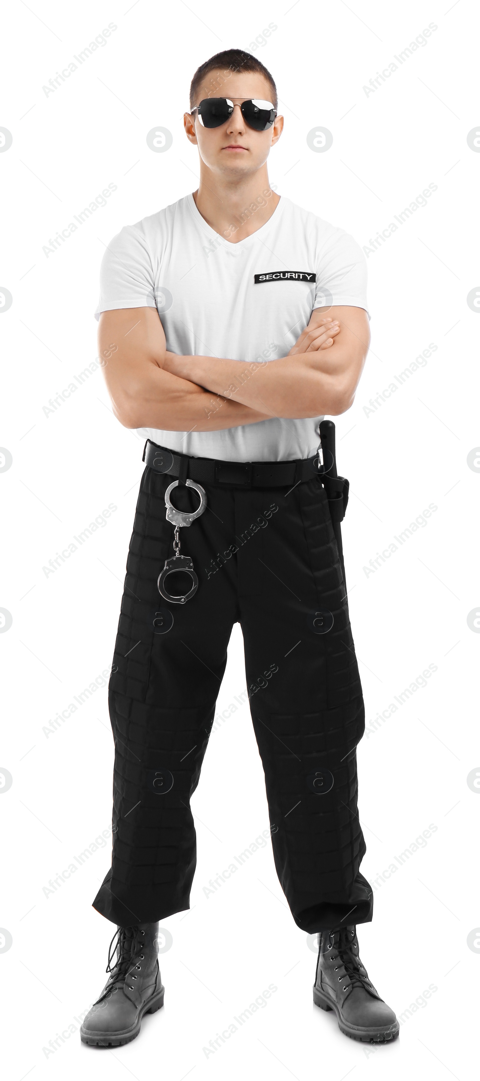 Photo of Male security guard in uniform on white background