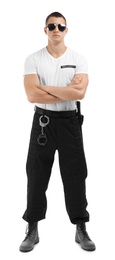 Male security guard in uniform on white background