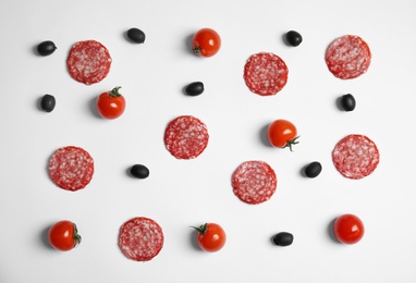 Photo of Flat lay composition with ingredients for pizza on white background