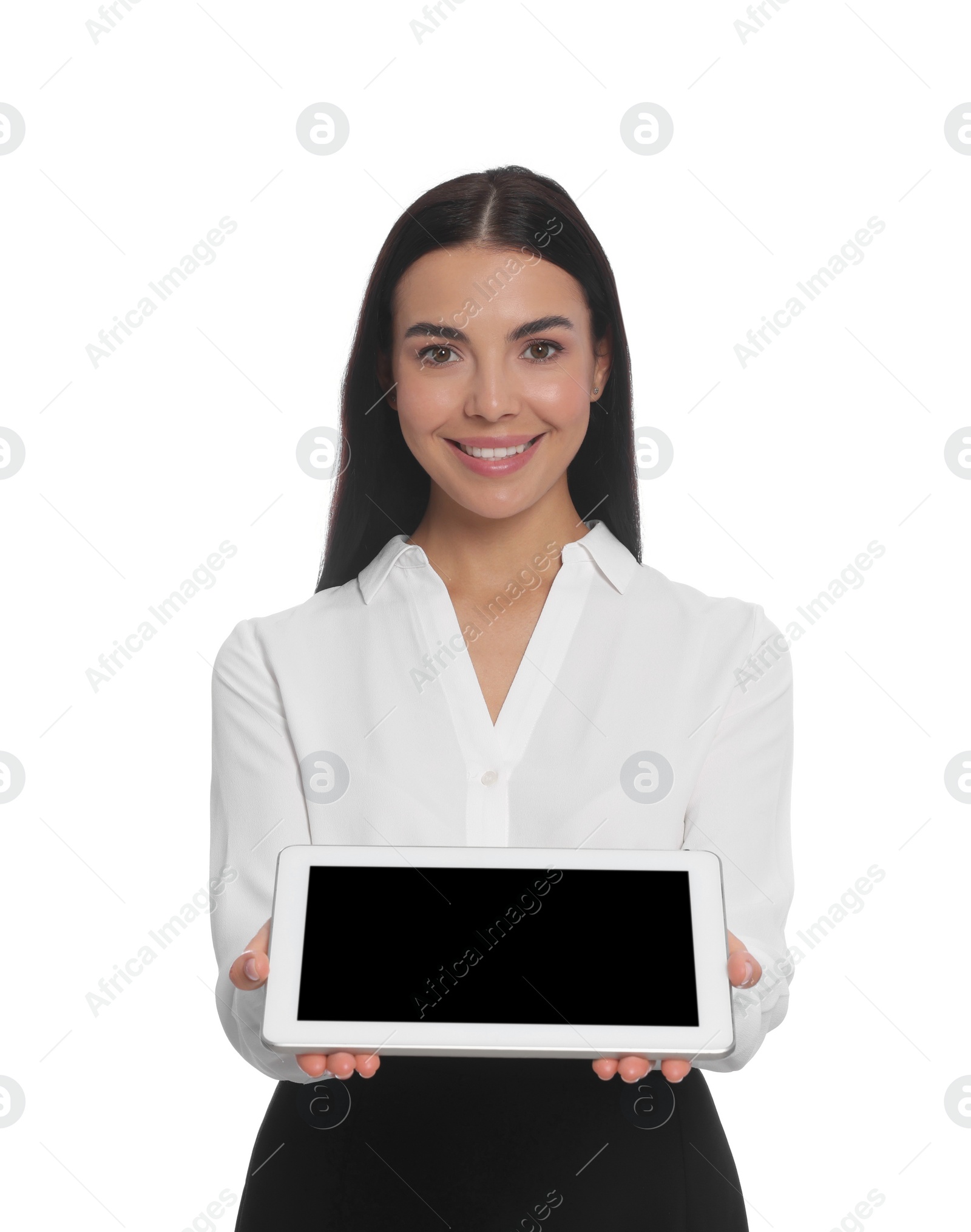 Photo of Portrait of hostess in uniform with tablet on white background