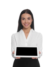 Photo of Portrait of hostess in uniform with tablet on white background