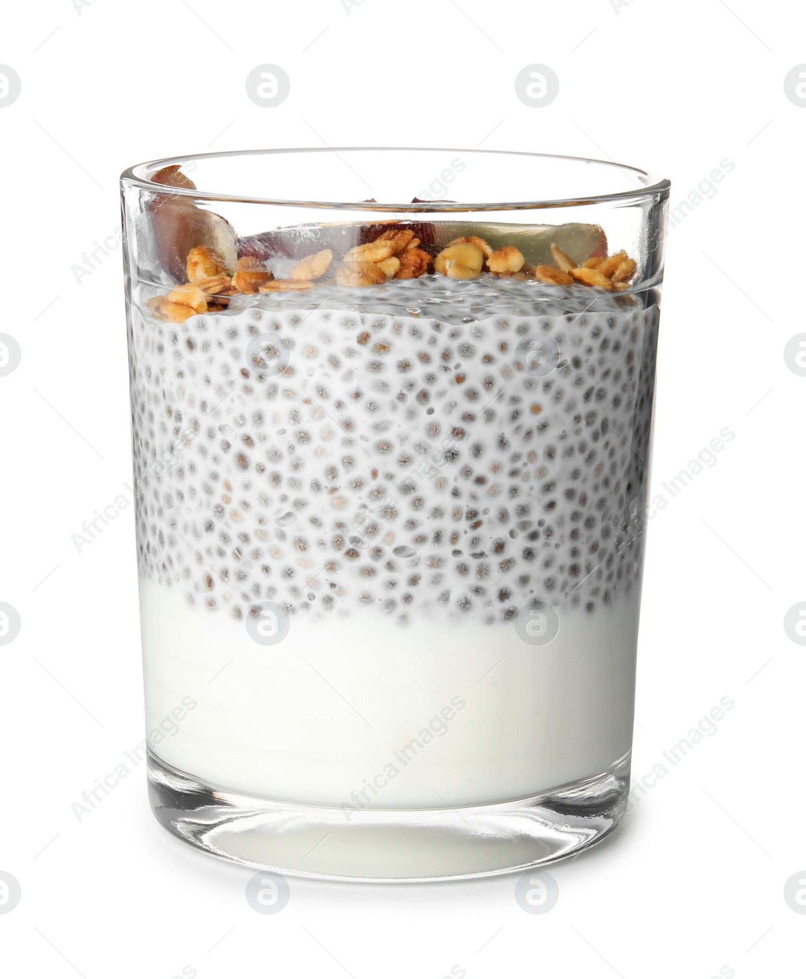 Photo of Glass of tasty chia seed pudding with granola on white background