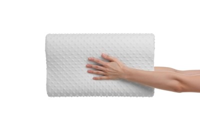 Photo of Woman with orthopedic pillow on white background, closeup