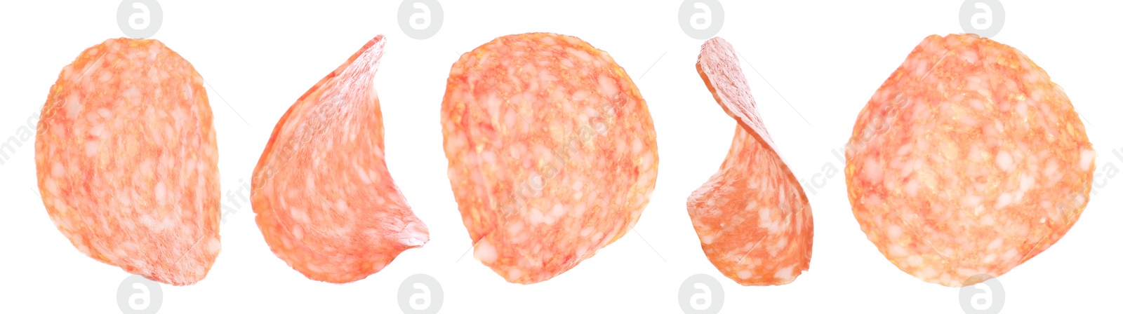 Image of Sausage slices on white background, banner design