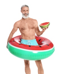 Shirtless man with inflatable ring and  watermelon on white background