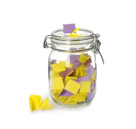 Photo of Colorful paper pieces for lottery in glass jar on white background
