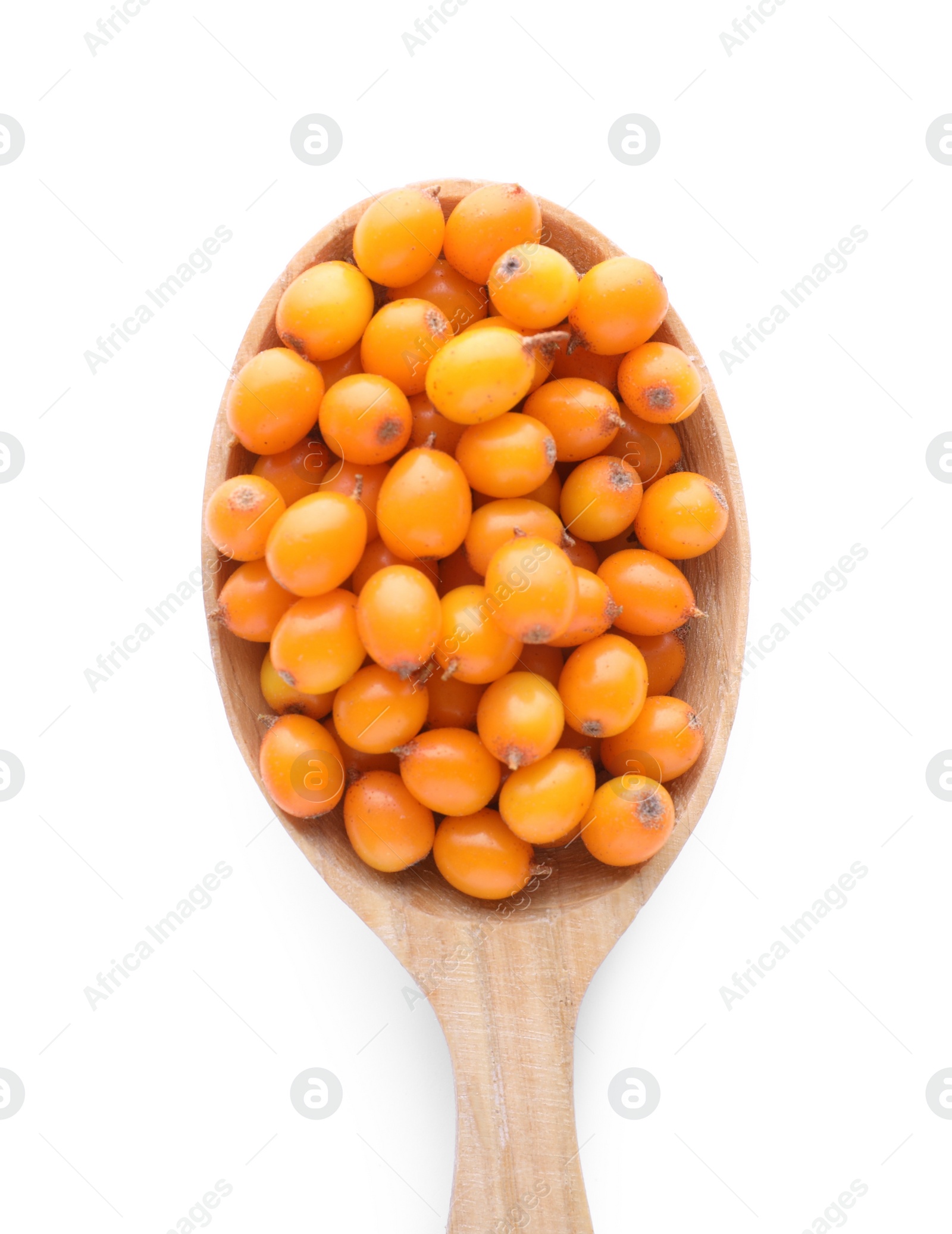 Photo of Wooden spoon with fresh ripe sea buckthorn berries on white background, top view