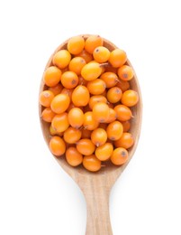 Wooden spoon with fresh ripe sea buckthorn berries on white background, top view