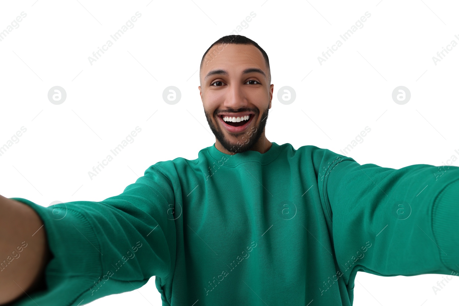 Photo of Smiling young man taking selfie on white background