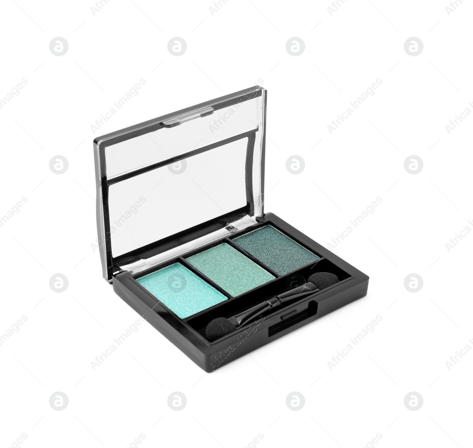 Photo of Beautiful eye shadow palette with brush isolated on white