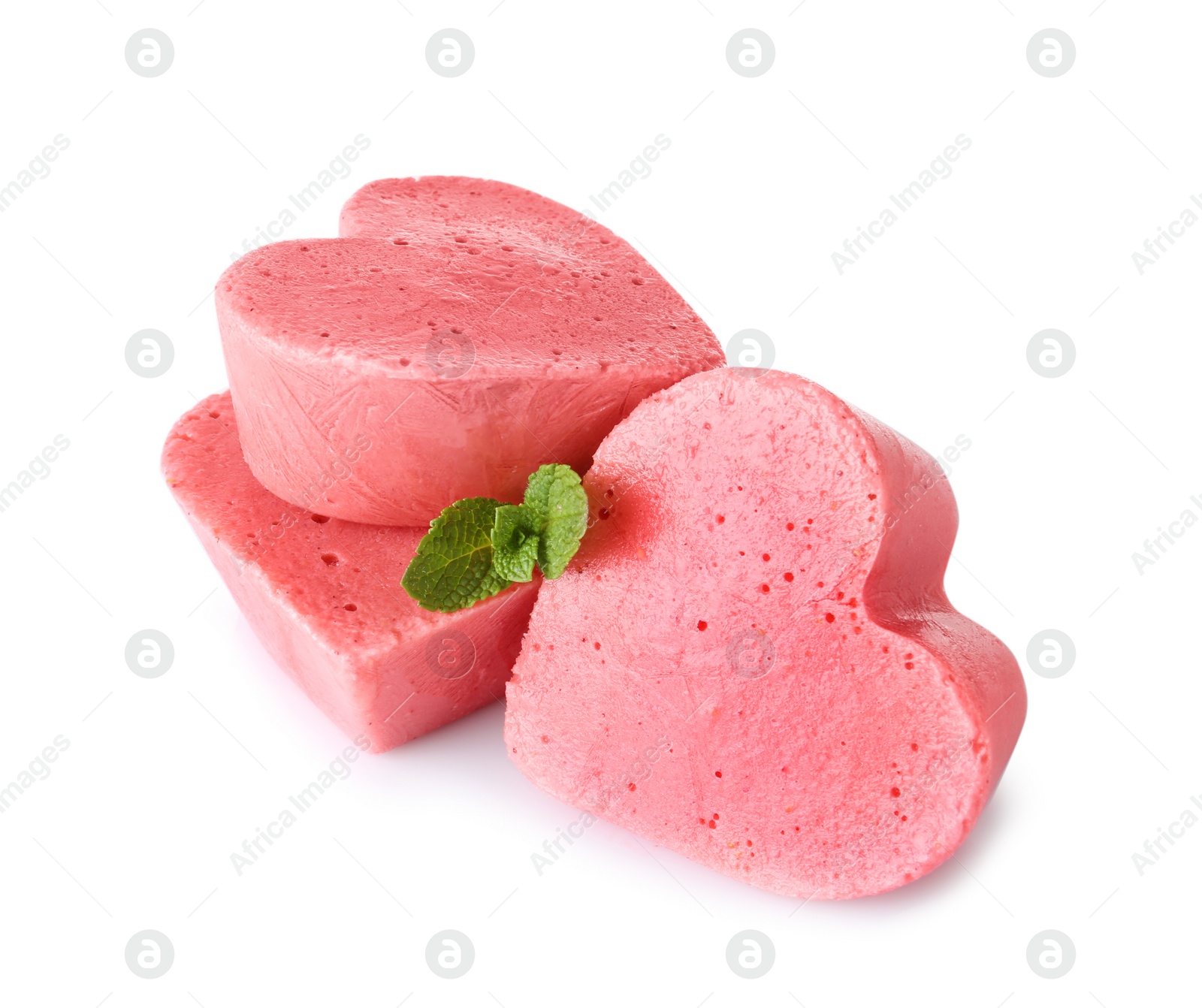 Photo of Heart shaped berry ice cubes on white background