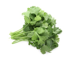 Photo of Bunch of fresh green organic cilantro isolated on white, top view