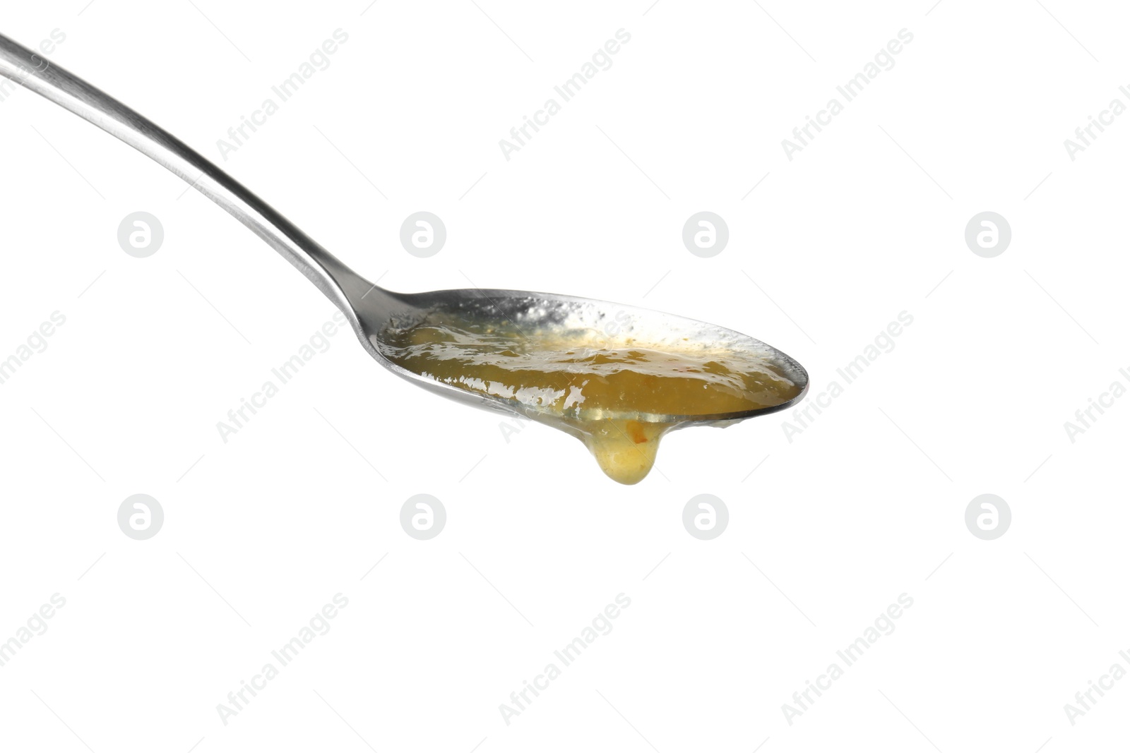 Photo of Spoon with tasty sweet jam isolated on white