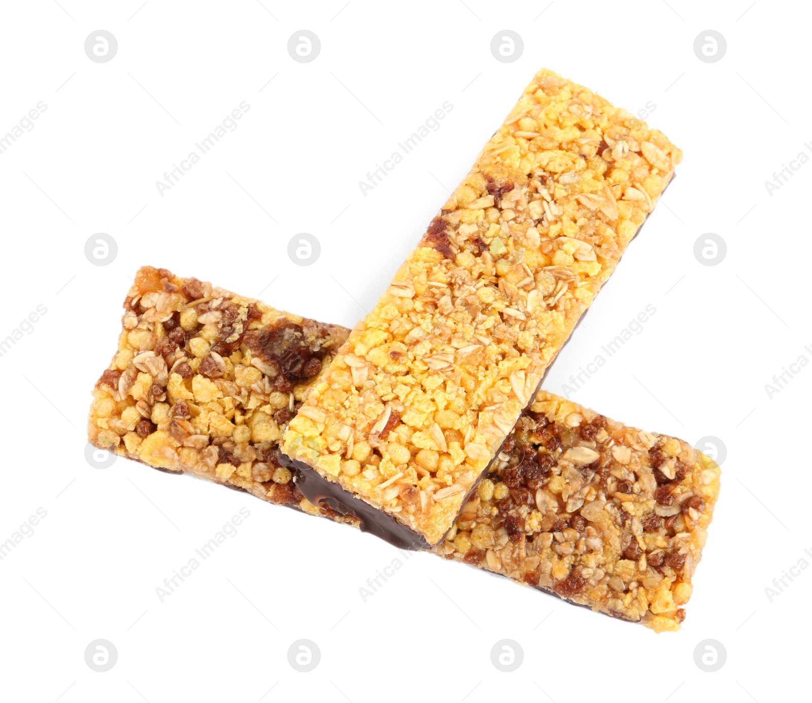 Photo of Granola bars on white background, top view. High protein snack