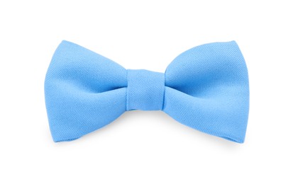 Photo of Stylish light blue bow tie on white background