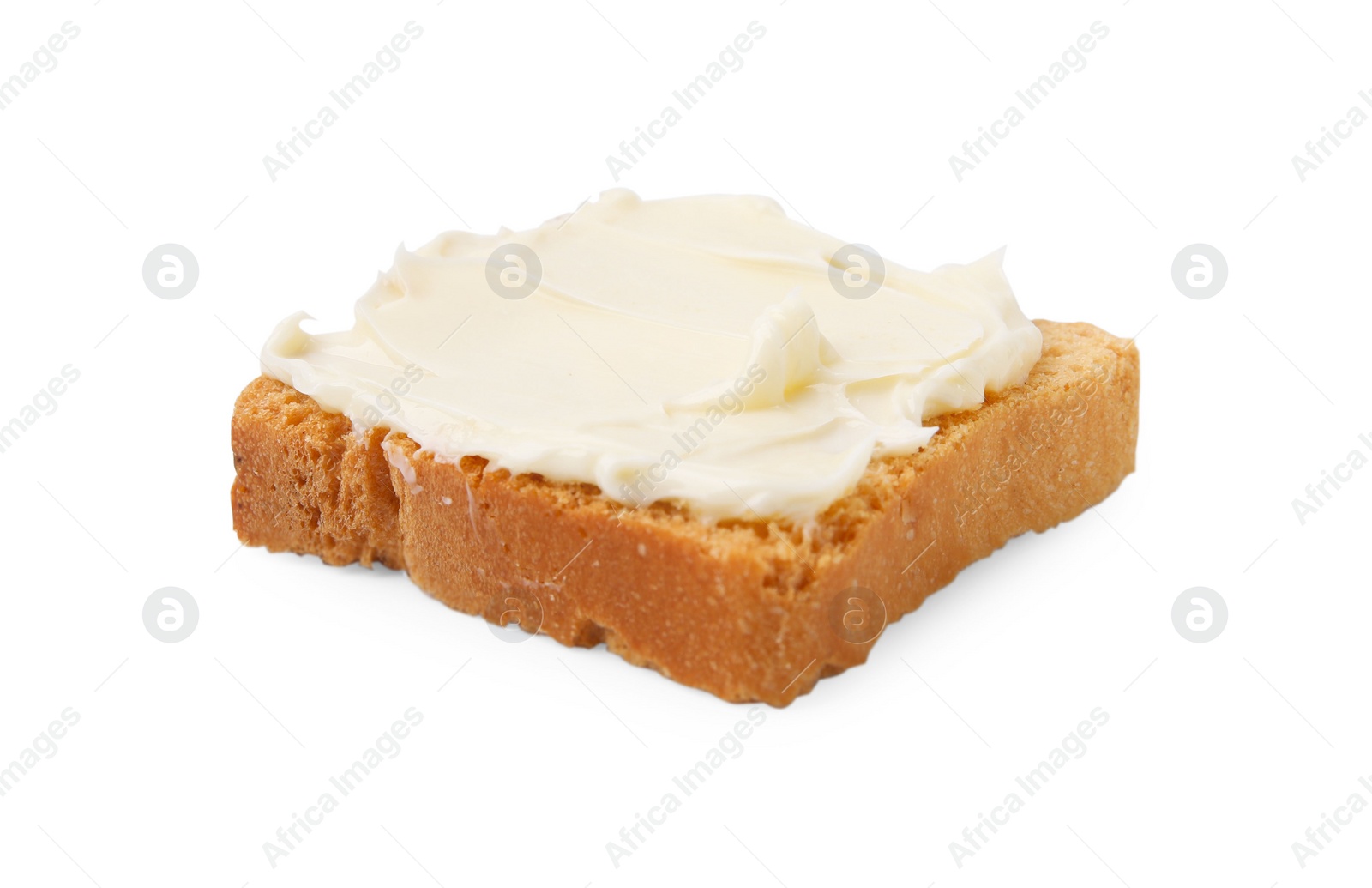 Photo of Slice of dry bread with butter isolated on white