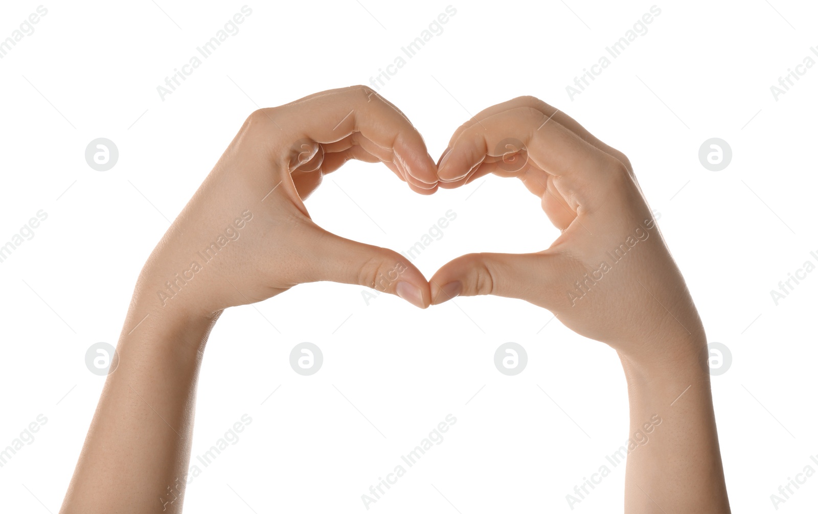 Photo of Woman making heart with fingers isolated on white, closeup