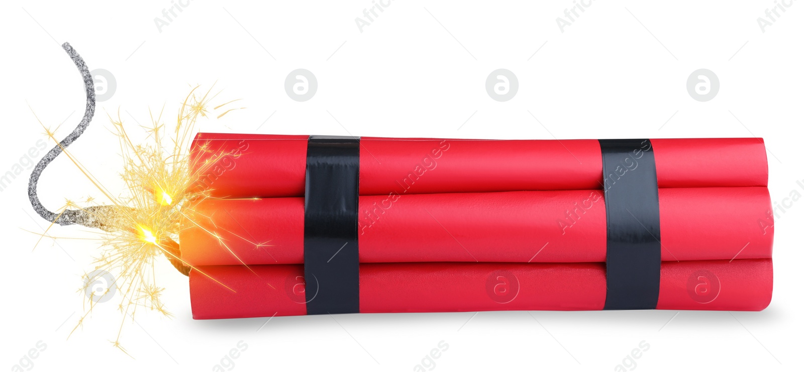 Image of Dynamite bomb with lit fuse isolated on white