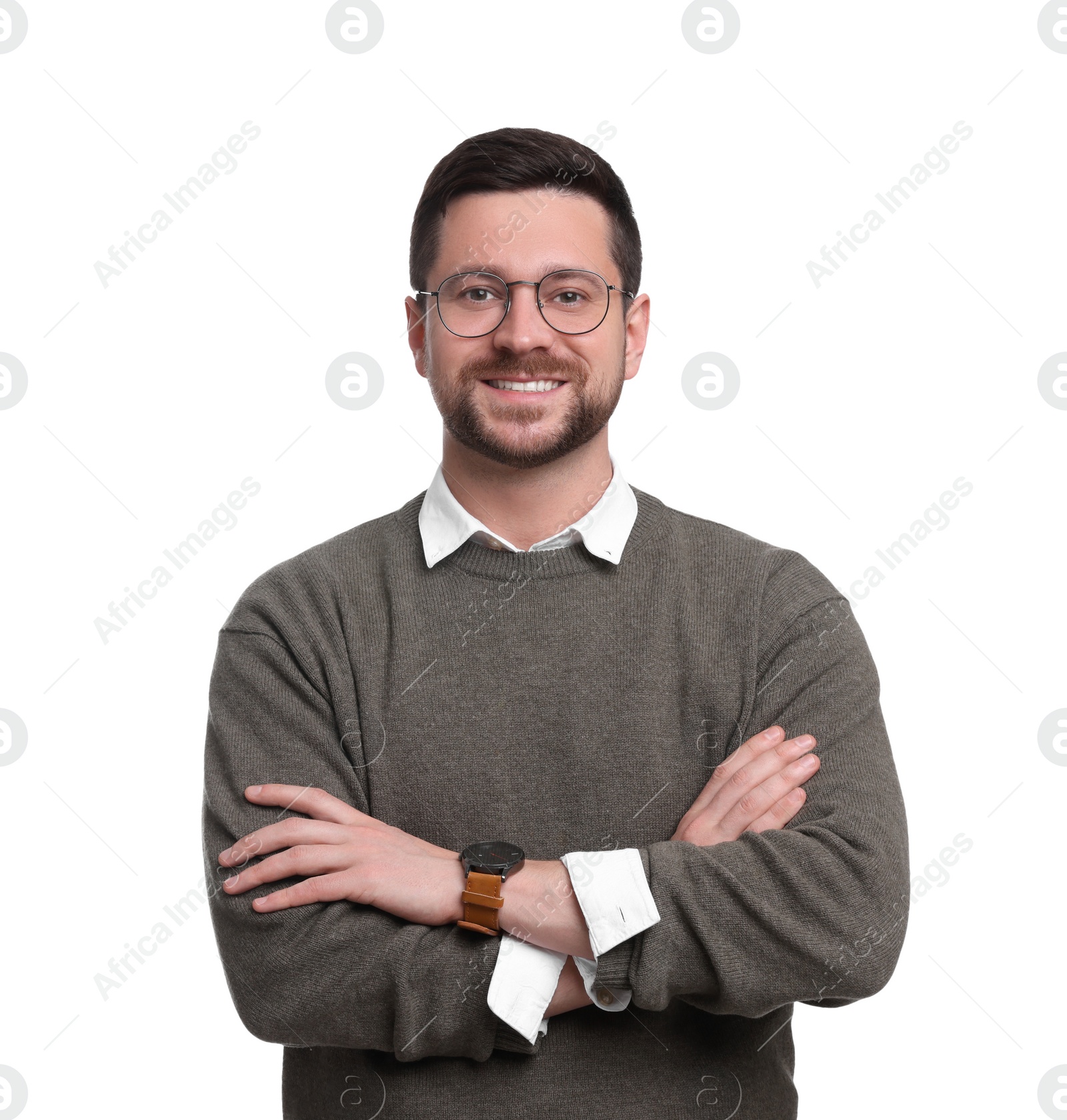 Photo of Portrait of handsome bearded businessman in eyeglasses on white background