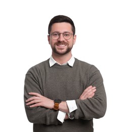 Portrait of handsome bearded businessman in eyeglasses on white background