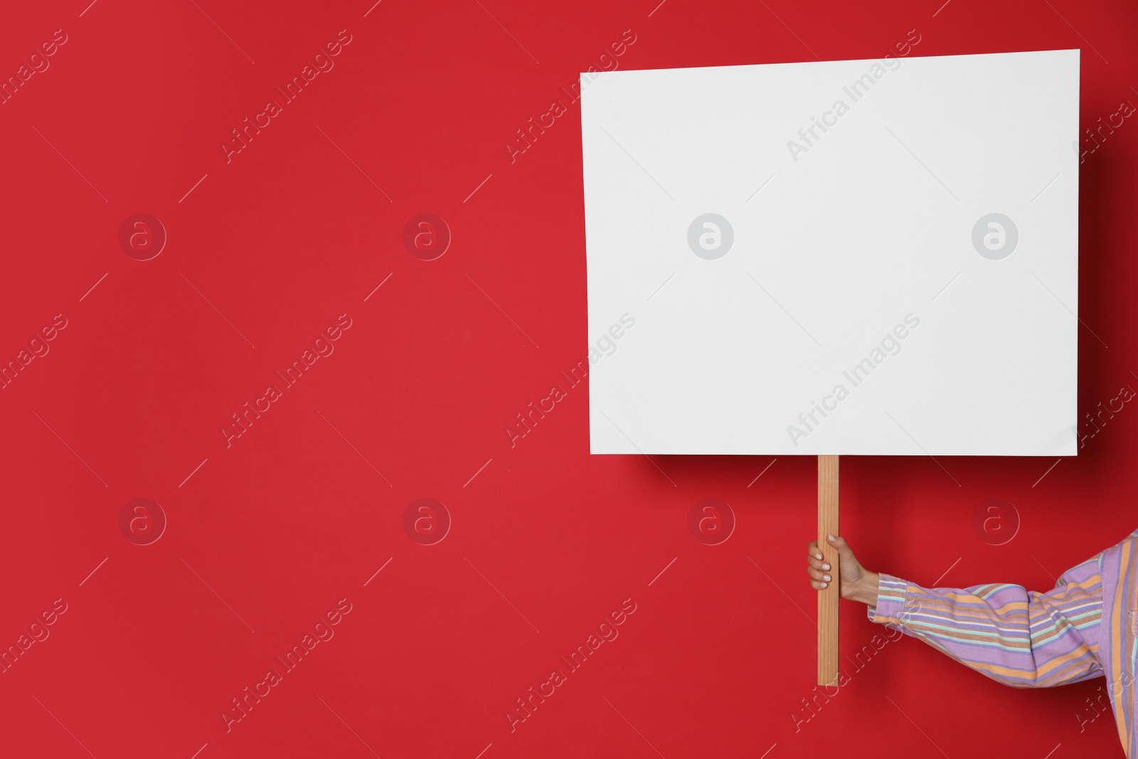 Photo of Woman holding blank sign on red background, closeup. Space for text