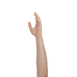 Photo of Man extending hand on white background, closeup