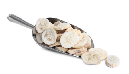 Photo of Scoop with freeze dried bananas on white background