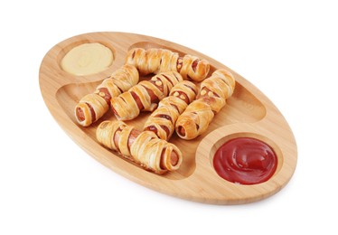 Photo of Cute sausage mummies served with sauce isolated on white. Halloween party food