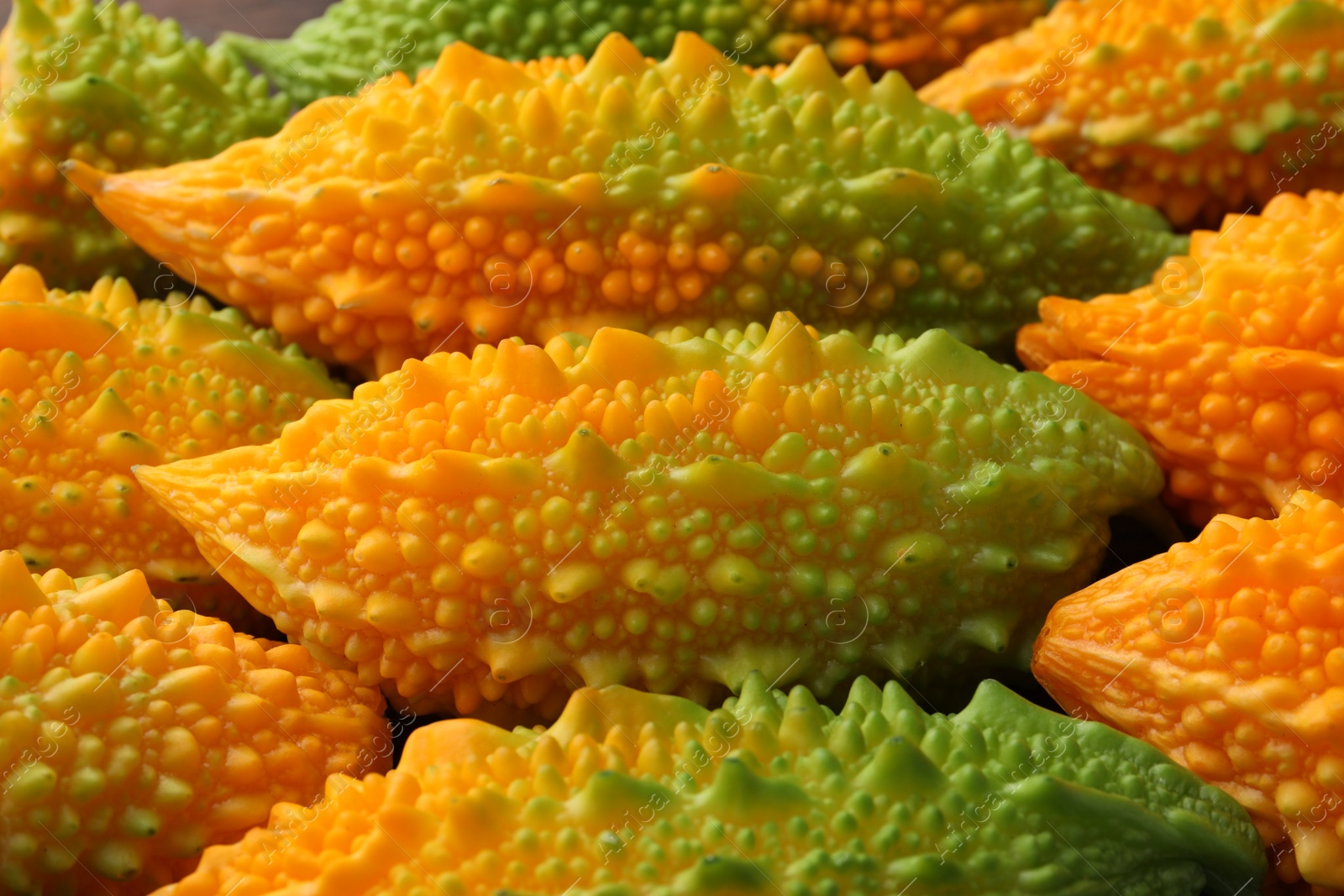 Photo of Tasty fresh bitter melons as background, closeup