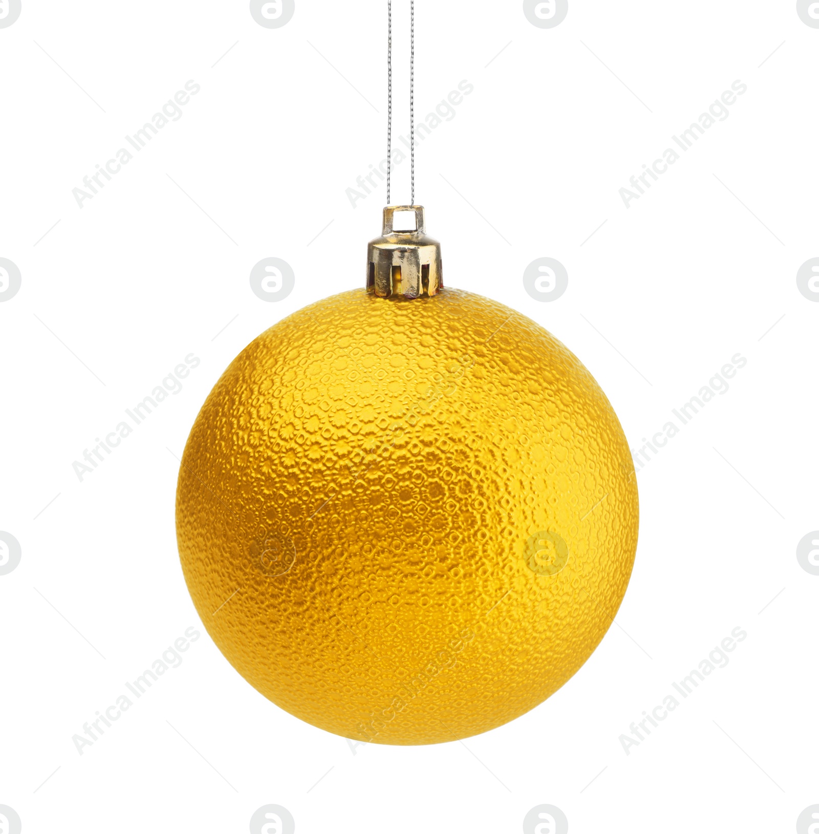 Image of Golden Christmas ball hanging on white background