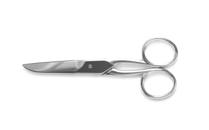 Photo of Scissors for leather working isolated on white, top view