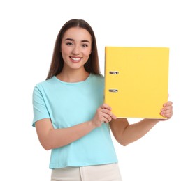 Happy woman with folder on white background