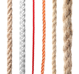 Image of Set of different ropes on white background