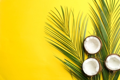 Photo of Flat lay composition with coconuts and space for text on color background