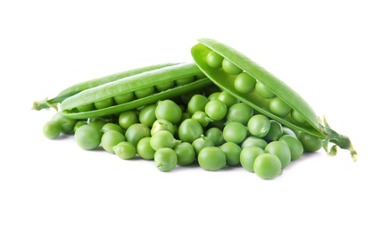 Delicious fresh green peas on white background