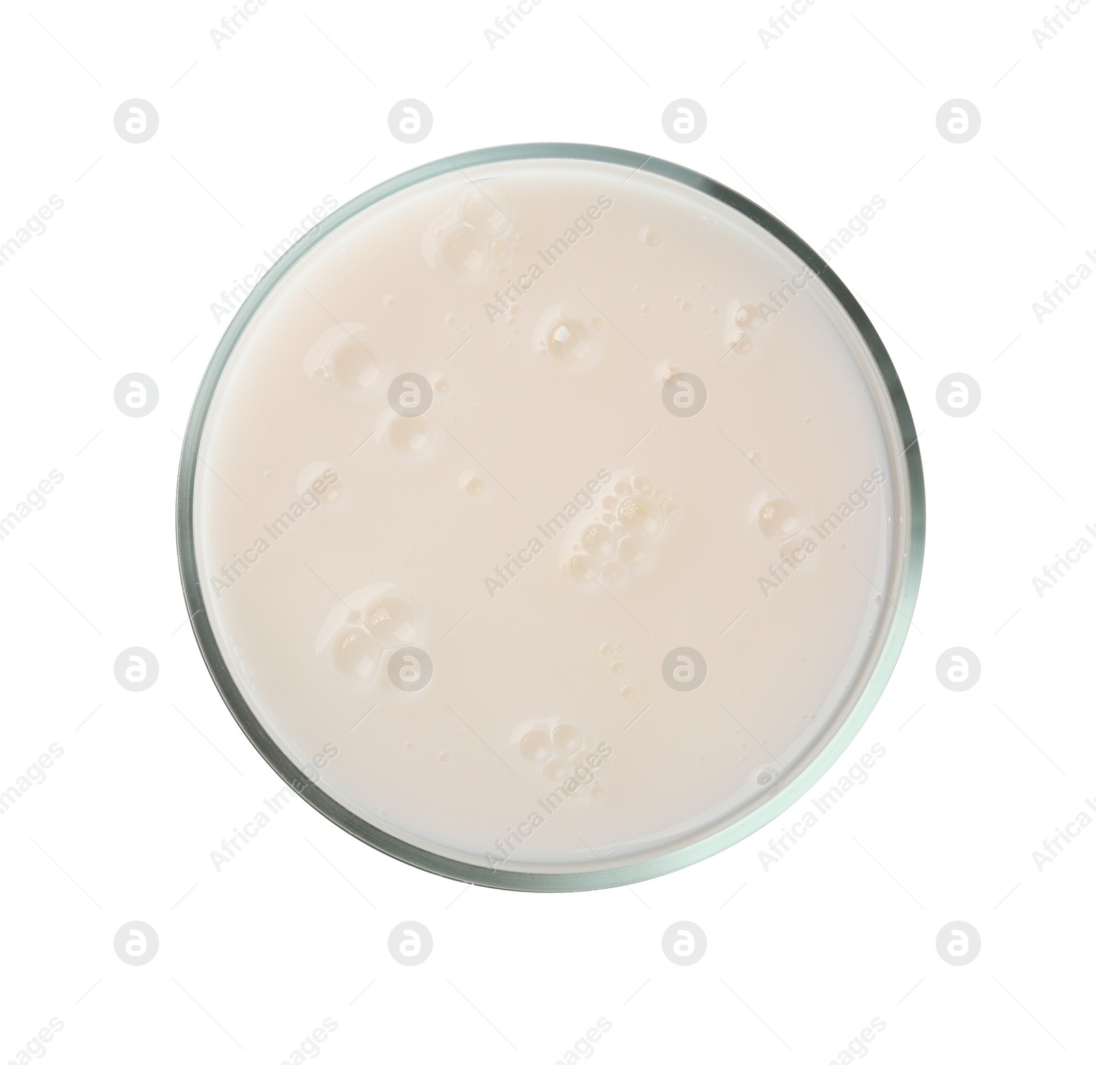 Photo of Petri dish with colorful liquid sample on white background, top view