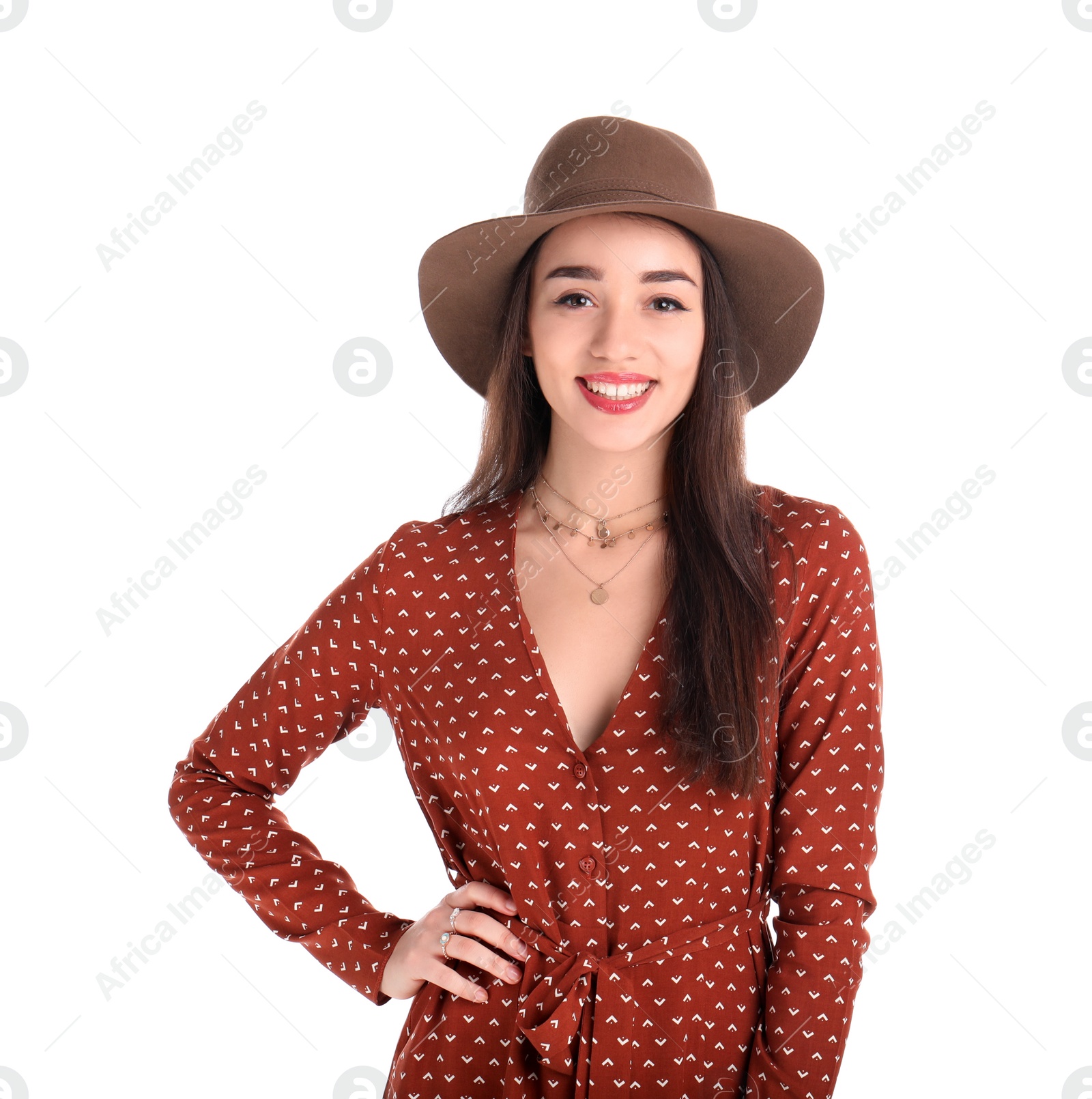 Photo of Portrait of beautiful young woman in stylish dress on white background